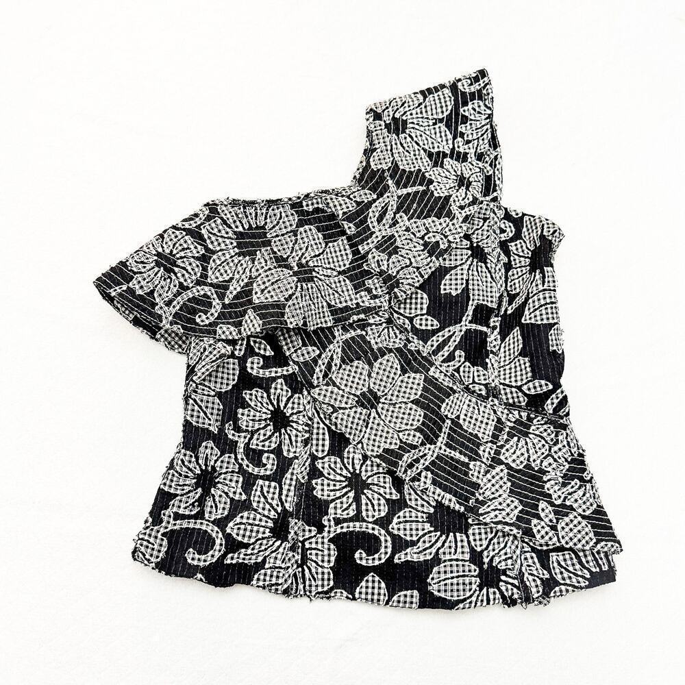 Zara Ruffled Off the Shoulder Top Black White Flower Print Size XS